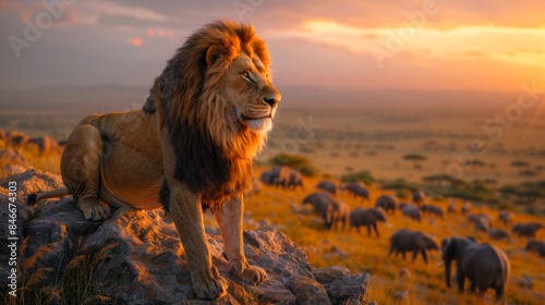 A lion is sitting on top of a rock in the middle of an open field, AI