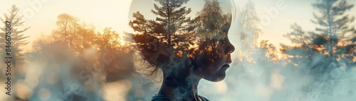 Double exposure of a child s profile with a serene nature scene, symbolizing imagination and connection with the natural world