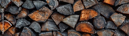 Detailed view of firewood stack, highlighting the natural beauty and textures of cut wood