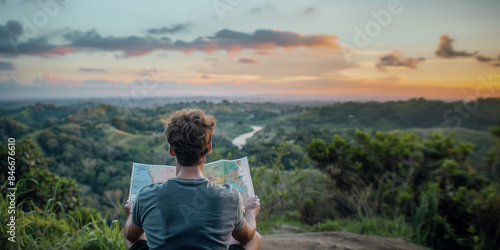 A man sits on top of a mountain and looks at a paper map that he holds in his hands.