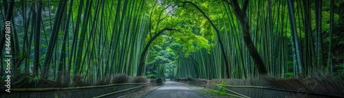Serene bamboo forest pathway with arching green foliage creating a tranquil and lush natural tunnel, perfect for peaceful strolls and calm reflection.