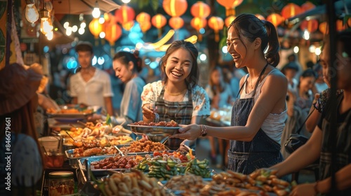 Bustling street food market with vendors serving a variety of delicious dishes under colorful lanterns.