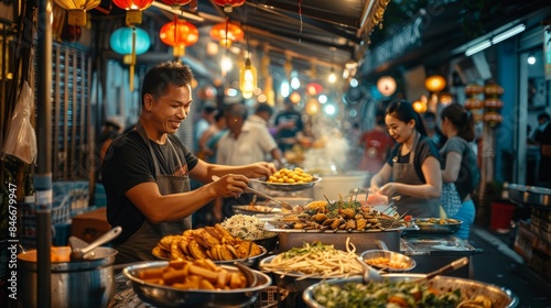 Bustling street food market with vendors serving a variety of delicious dishes under colorful lanterns.