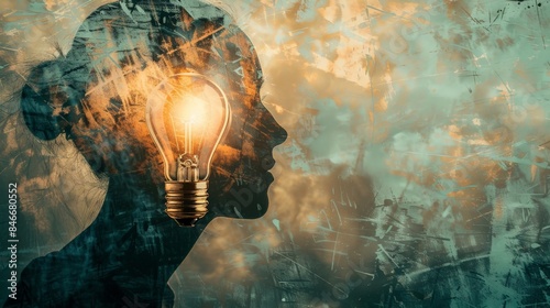 Double exposure image of a person head with a light bulb inside representing the moment of inspiration and thinking outside the box
