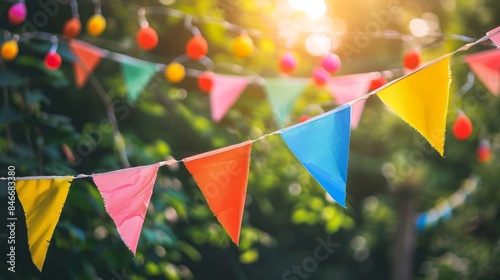 Cute, colorful, party garland with decorative festive flags triangular shape in a park.