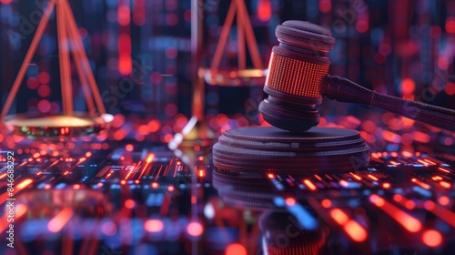 Cyber crime justice background Judge's gavel and scales standing on virtual table in digital cyberspace