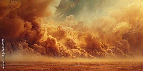 massive sandstorm engulfing a desert landscape, with towering clouds of sand swirling under a hazy, golden sky. The scene captures the power and intensity of nature's force