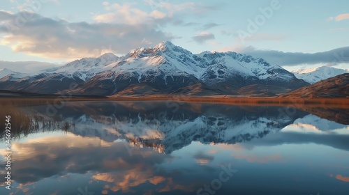 The image is of a beautiful mountain landscape with a crystal clear lake reflecting the snow-capped peaks.