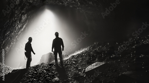 Silhouetten von zwei Bergmännern / Bergleuten / Arbeitern in Mine / Stollen / Bergwerk