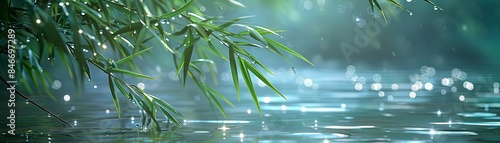 Serene scene of bamboo leaves over a sparkling water surface, creating a calm and tranquil atmosphere with natural beauty.
