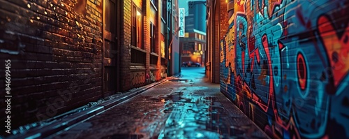 Enigmatic alleyway adorned with vibrant graffiti, 4K hyperrealistic photo