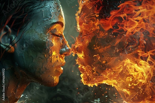 Artistic representation of two faces, one fiery and one watery, facing each other.