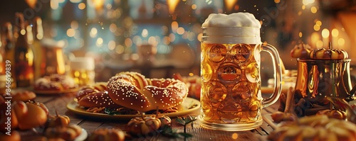 Celebrating Oktoberfest with traditional German cuisine, October 6th, pretzels and beer steins, 4K hyperrealistic photo.