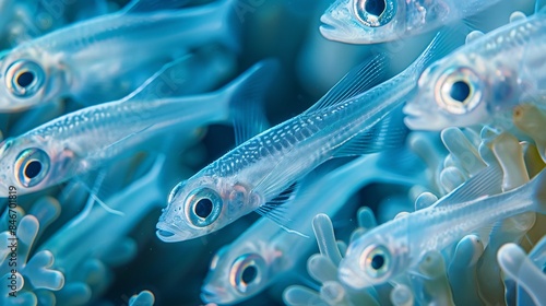 Ultra-high-definition macro shot of a small school of fish swimming near the sea bed, with each fish's scales and fins detailed in sharp clarity, enhanced by focus stacking to create a rich, textured