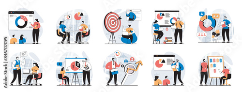 Focus group web concept with people scenes mega set in flat design. Bundle of character situations with marketing research, study customer behavior, doing communication strategy. Vector illustrations.