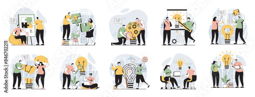 Teamwork web concept with people scenes mega set in flat design. Bundle of character situations with brainstorming for developing business, working together, team collaboration. Vector illustrations.