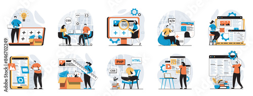 Web development concept with people scenes mega set in flat design. Bundle of character situations with wireframe site layout creation, engineering code and testing scripts. Vector illustrations.
