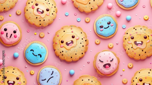 Another set of adorable kiddy cartoon cookies with crumbs, featuring faces with winking eyes, in pastel bright colors as a vector set for children's illustrations and wallpaper