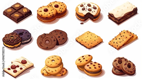 Isometric illustrations of various cookies on a white background, including tasty cookies, oatmeal cookies, and chocolate sandwich cookies