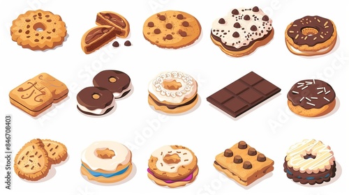 Isometric illustrations of various cookies on a white background, including tasty cookies, oatmeal cookies, and chocolate sandwich cookies