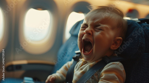 A baby crying and screaming on an airplane flight