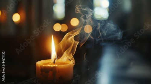 Close-up of smoke rising from a votive candle, casting a soft glow in a place of worship