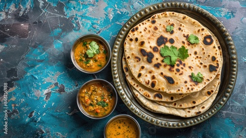 Chapati with sardine sauce on blue background