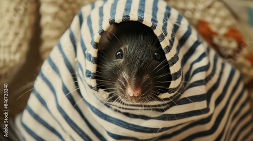 Tense moment captured as a black mouse in stripes conceals its face with cloth, adopting the guise of a cunning thief