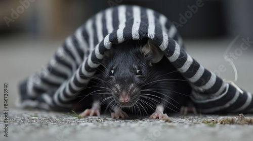 Tense moment captured as a black mouse in stripes conceals its face with cloth, adopting the guise of a cunning thief