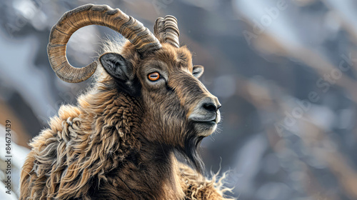 Close-up of a mouflon with large horns.