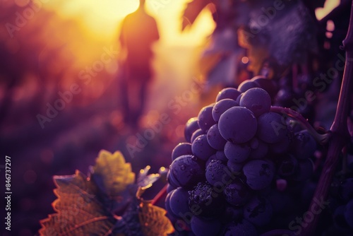 A cluster of grapes hanging on a grapevine at sunset