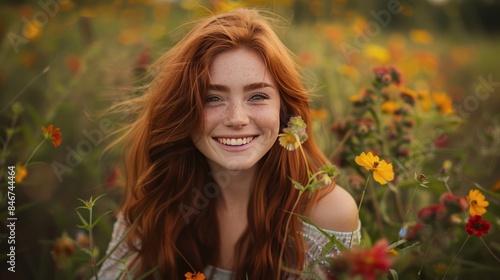 woman with cascading auburn hair and a radiant smile, 