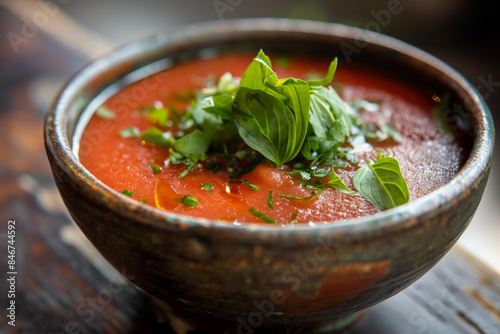 bowl of homemade gazpacho with fresh herbs