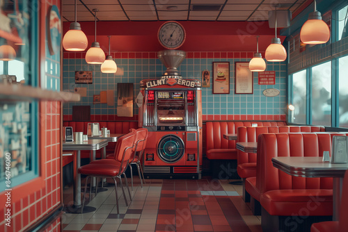 classic American diner with red vinyl booths and jukebox