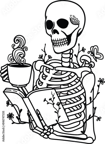 Skeleton holding book and coffee cup for design element. Vector illustration. Editable stroke thickness. 