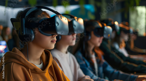 Um grupo de alunos usando fones de ouvido VR, com um aluno usando a tecnologia para interagir e se envolver em uma experiência educacional enquanto outros assistem em seus laptops ou smartphones