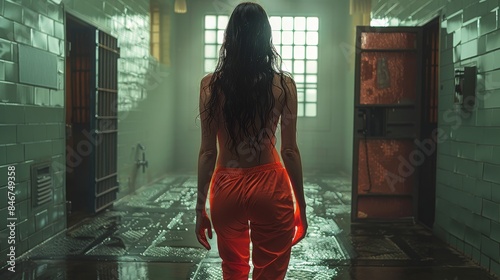 A back view of a woman standing inside a dimly lit prison hall, creating a dramatic and somber scene