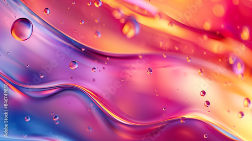The close up of a glossy liquid surface abstract in hot pink, blue, neon colors with a soft focus