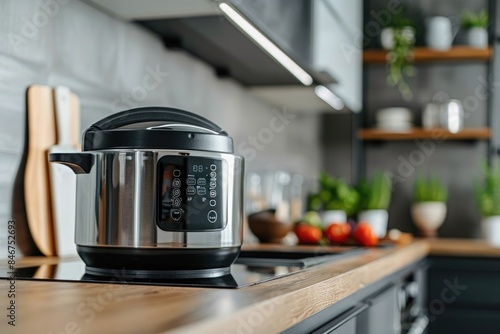 A contemporary electric pressure cooker on a sleek kitchen counter with a minimalistic backsplash