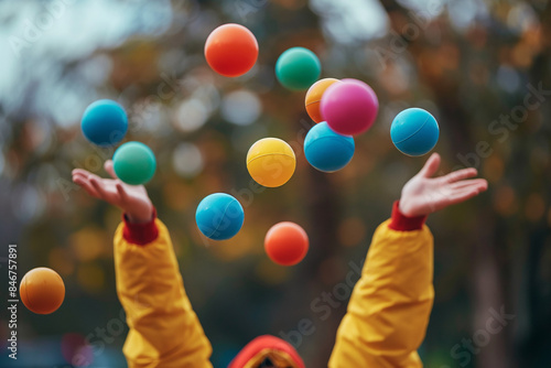 person juggling colorful balls