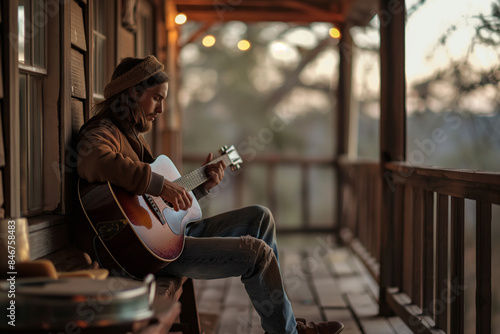 person playing an acoustic guitar on a vintage porch