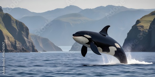 A orca breaching the water surface in a open ocean with cliffs in the background