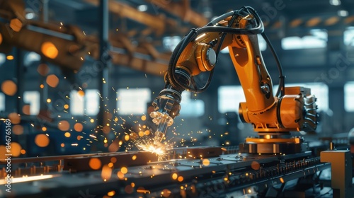Sparks flying as a robotic arm uses laser technology to cut materials in a smart factory