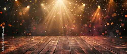Product showcase banner with a dark brown background, stage lights, and sparkling bokeh effects