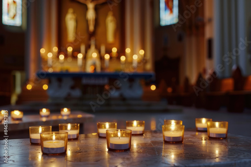 Warm candlelight illuminates the serene interior of a church altar, creating a peaceful and spiritual ambiance, with a focus on tranquility and reflection.