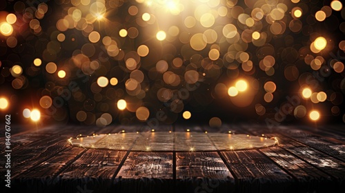 Dark brown stage with lights and bokeh effects, creating a warm atmosphere for a product display banner