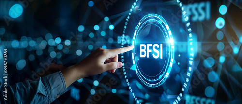 Bfsi transformation with finger touching screen with futuristic interface, disruption technology optimization efficiency