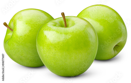 Apple isolated png. Green granny smith apple on transparent background. PNG format. Three green apples with no background. Full depth of field.