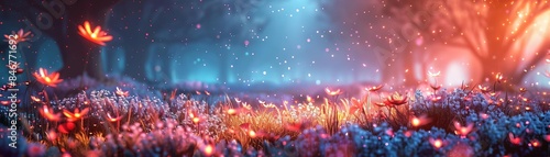 Enchanted meadow with glowing flora, magical elements, vibrant colors, fantasy art