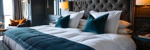 Luxurious king sized bed in a business hotel room, neatly made with plush bedding